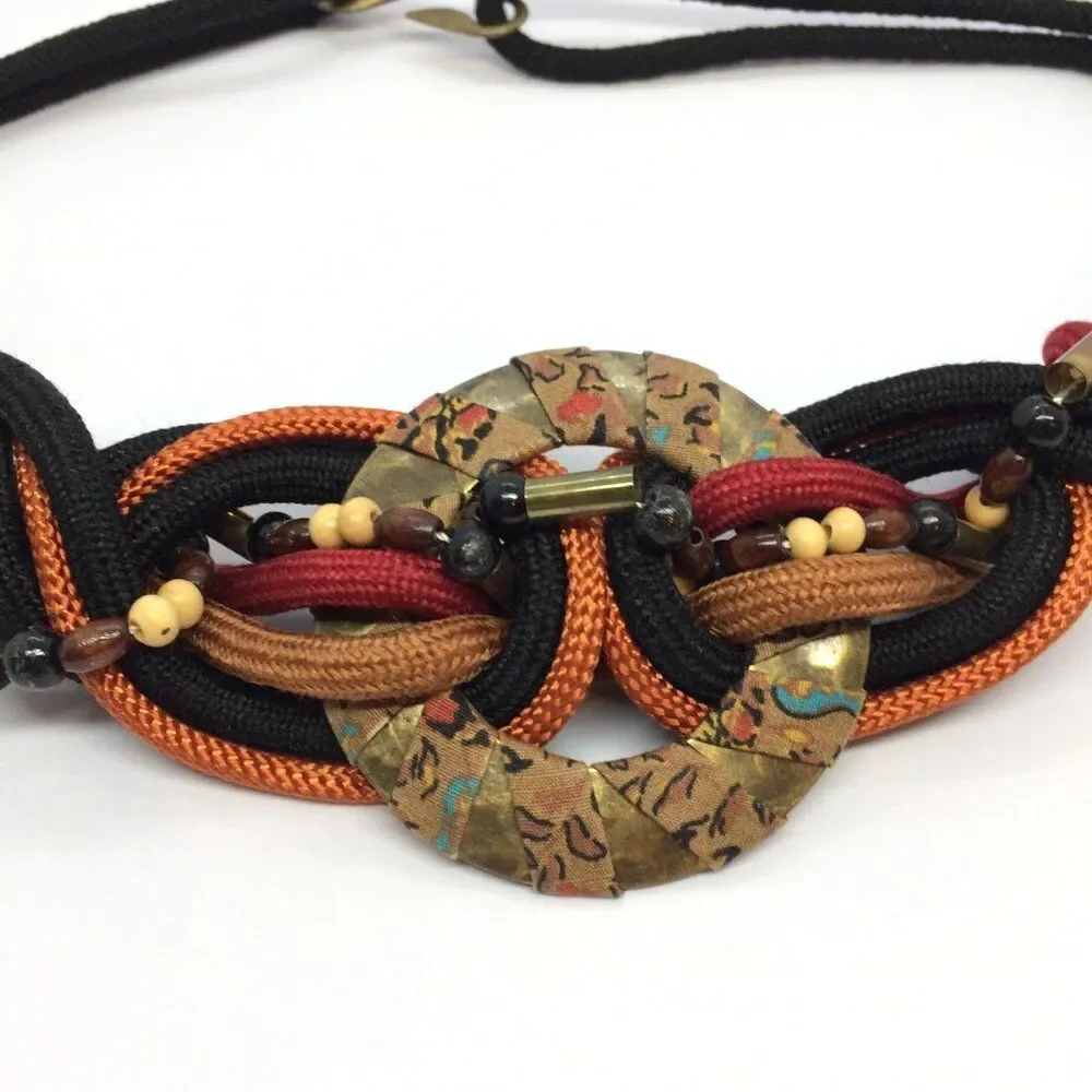 VINTAGE BOHO BELT Woven Cord Beaded Batik Medallion Brass Hook 80s 90s